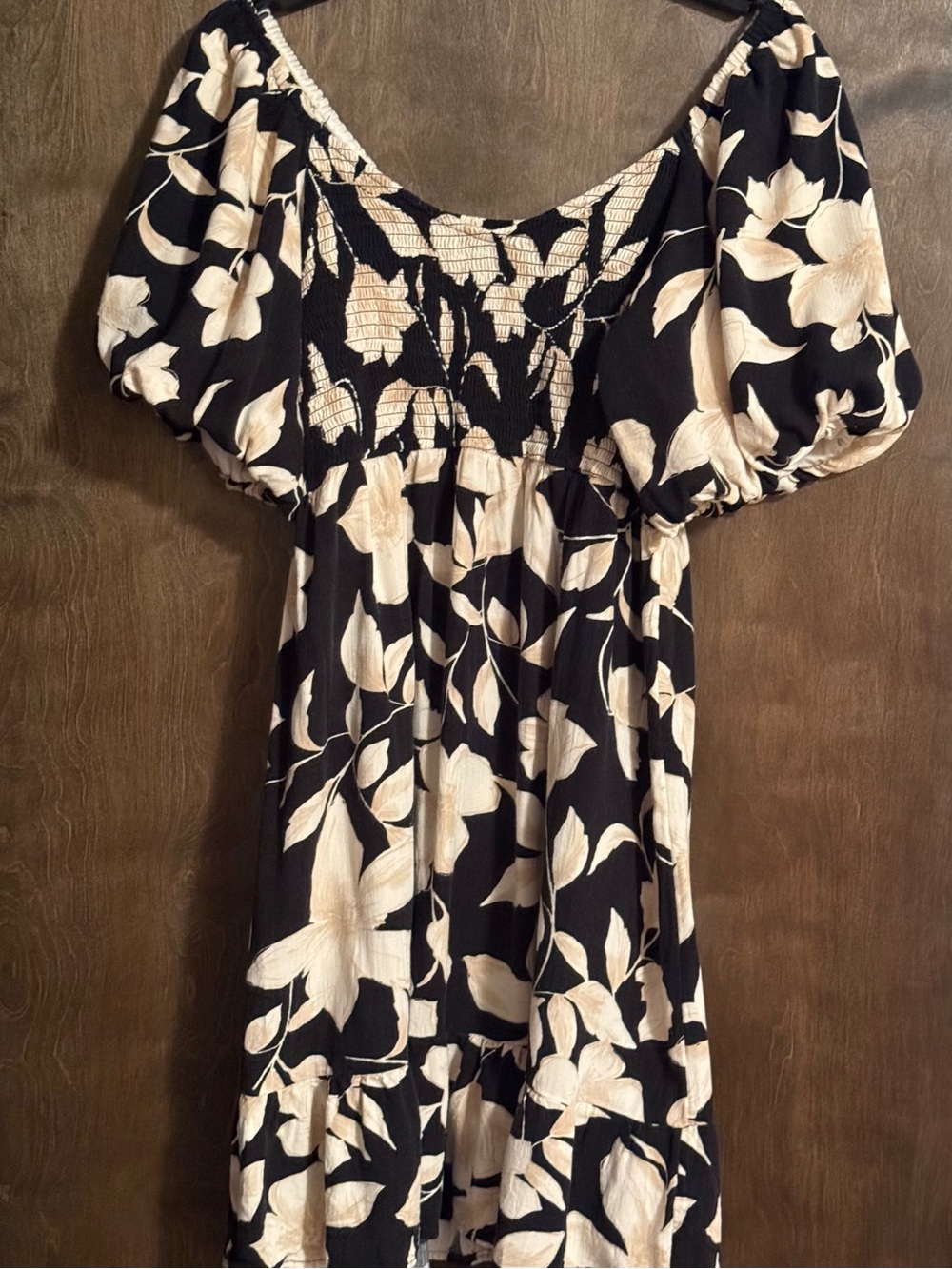 Maurices Floral Puff Sleeve/Off the Shoulder Dress Black with Cream Blooms Large